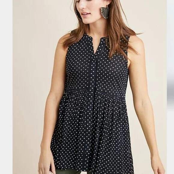 Anthropologie Nia Navy Polka Dot Sleeveless Gauze Tunic Blouse Size S - Picture 3 of 10